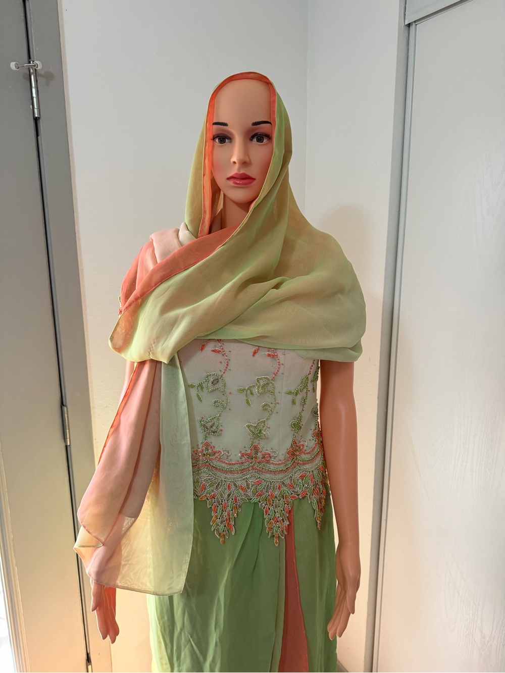 Vintage Handmade Beaded Embroidered Chiffon Dress & Scarf Small